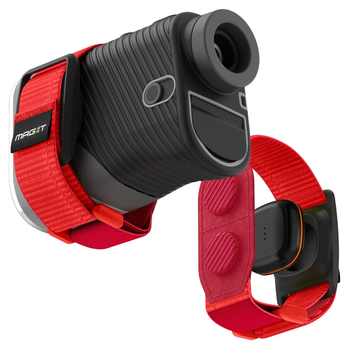 Spigen MAG-iT neon red strap attached to golf cart for quick access.