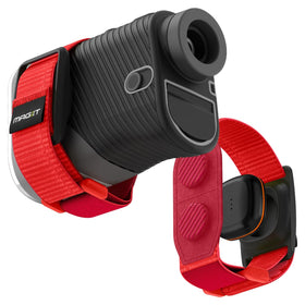 Spigen MAG-iT neon red strap attached to golf cart for quick access.