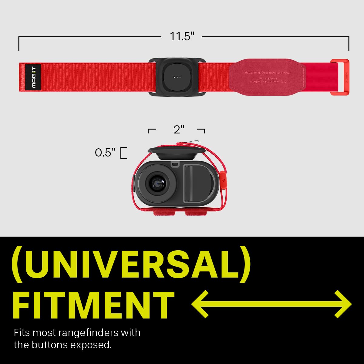 Spigen MAG-iT neon red strap visible on a greenside course setup.