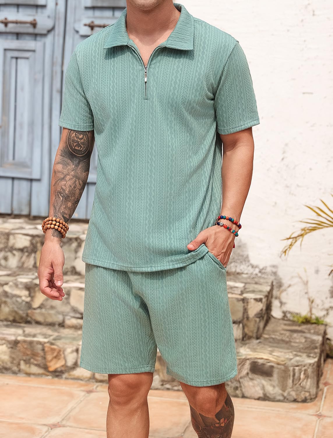 SPKPKEY two-piece polo and shorts set side view for versatile styling.