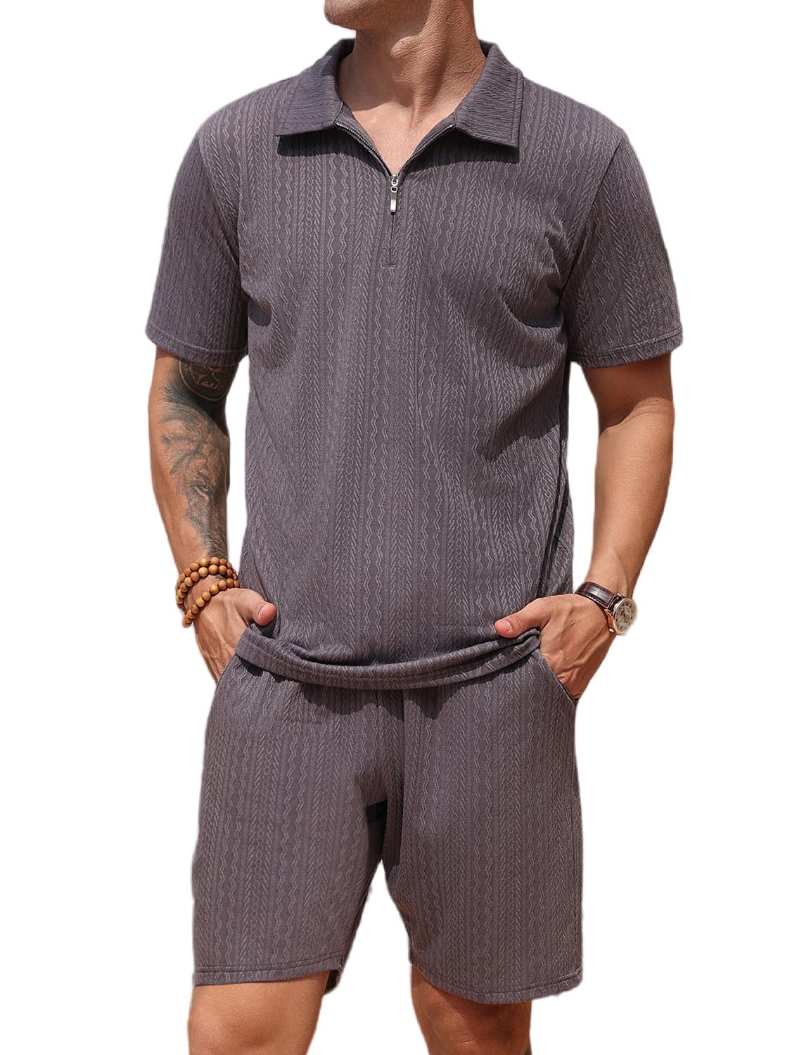 SPKPKEY mens 2-piece polo shortset in dark grey for everyday comfort