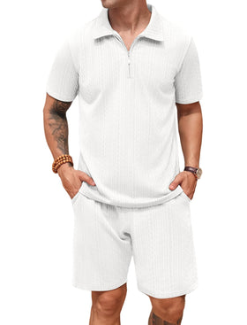 SPKPKEY men's 2-piece tracksuit quarter zip shirt, white, breathable comfort for workouts
