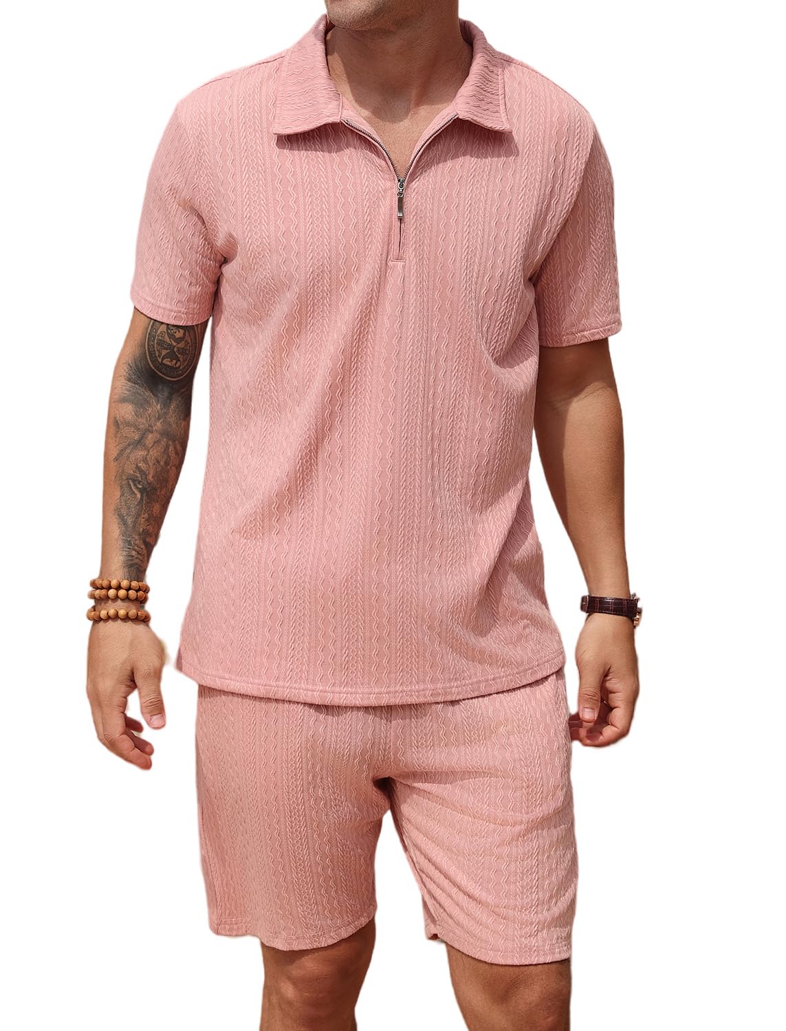 SPKPKEY men's knit polo shirt pink, breathable fabric for hot days