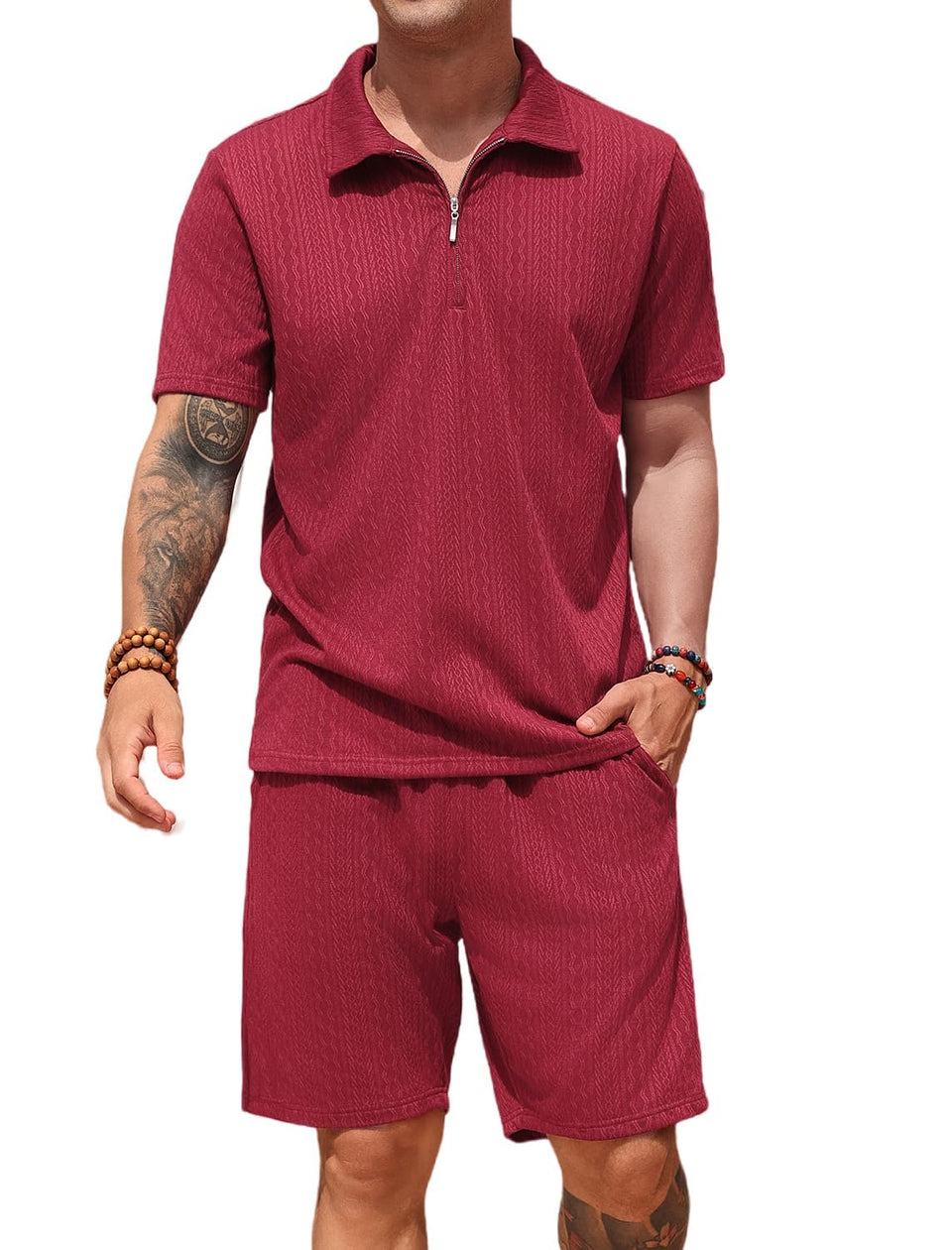 SPKPKEY men's knit polo and shorts set in wine red, soft fabric for summer comfort