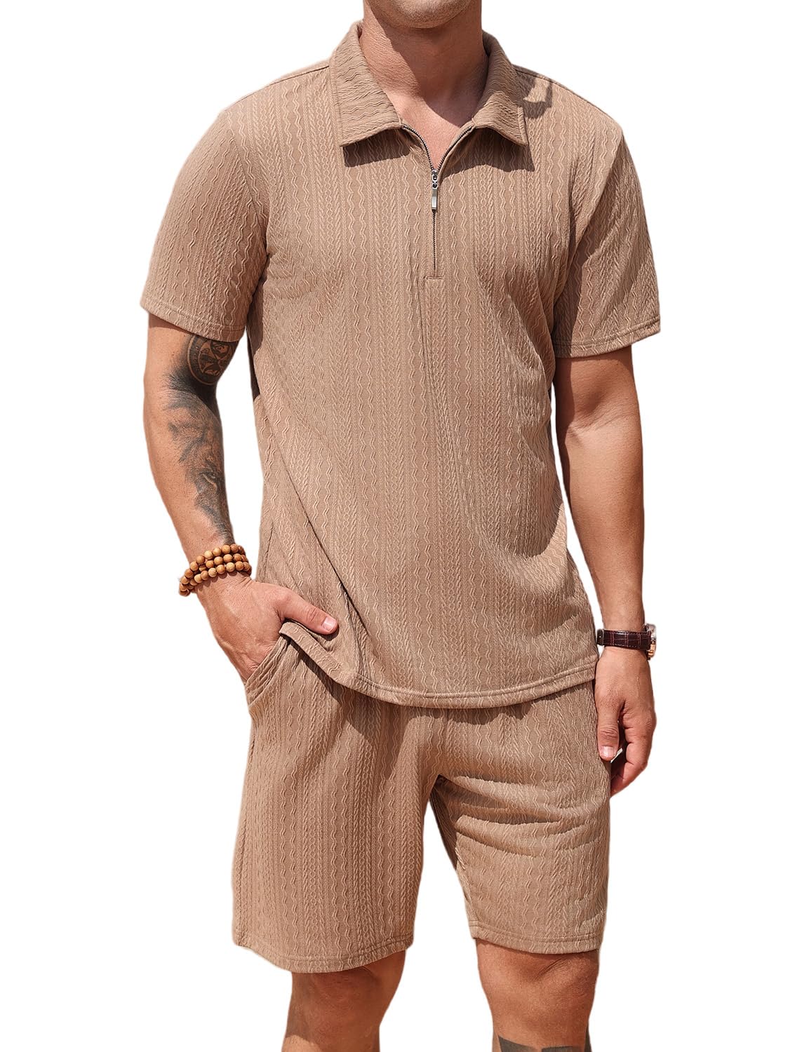 SPKPKEY men's polo and shorts set in light khaki, front view for casual summer wear