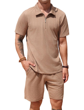 SPKPKEY men's polo and shorts set in light khaki, front view for casual summer wear