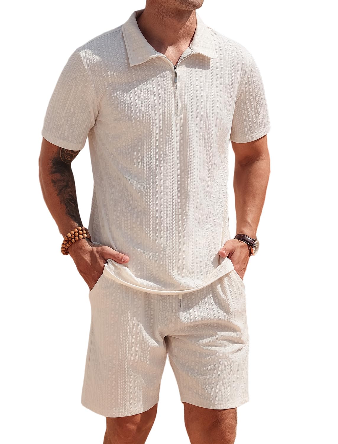 SPKPKEY mens polo short sleeve beige with zip detail, breathable comfort for hot days.