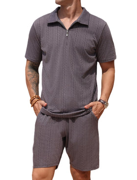 SPKPKEY men's tracksuit polo shirt and shorts set front view, breathable comfort for casual wear.