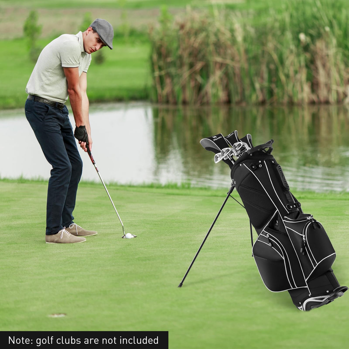 SPORFIT stand bag with 8 pockets for tees, balls, and essentials.