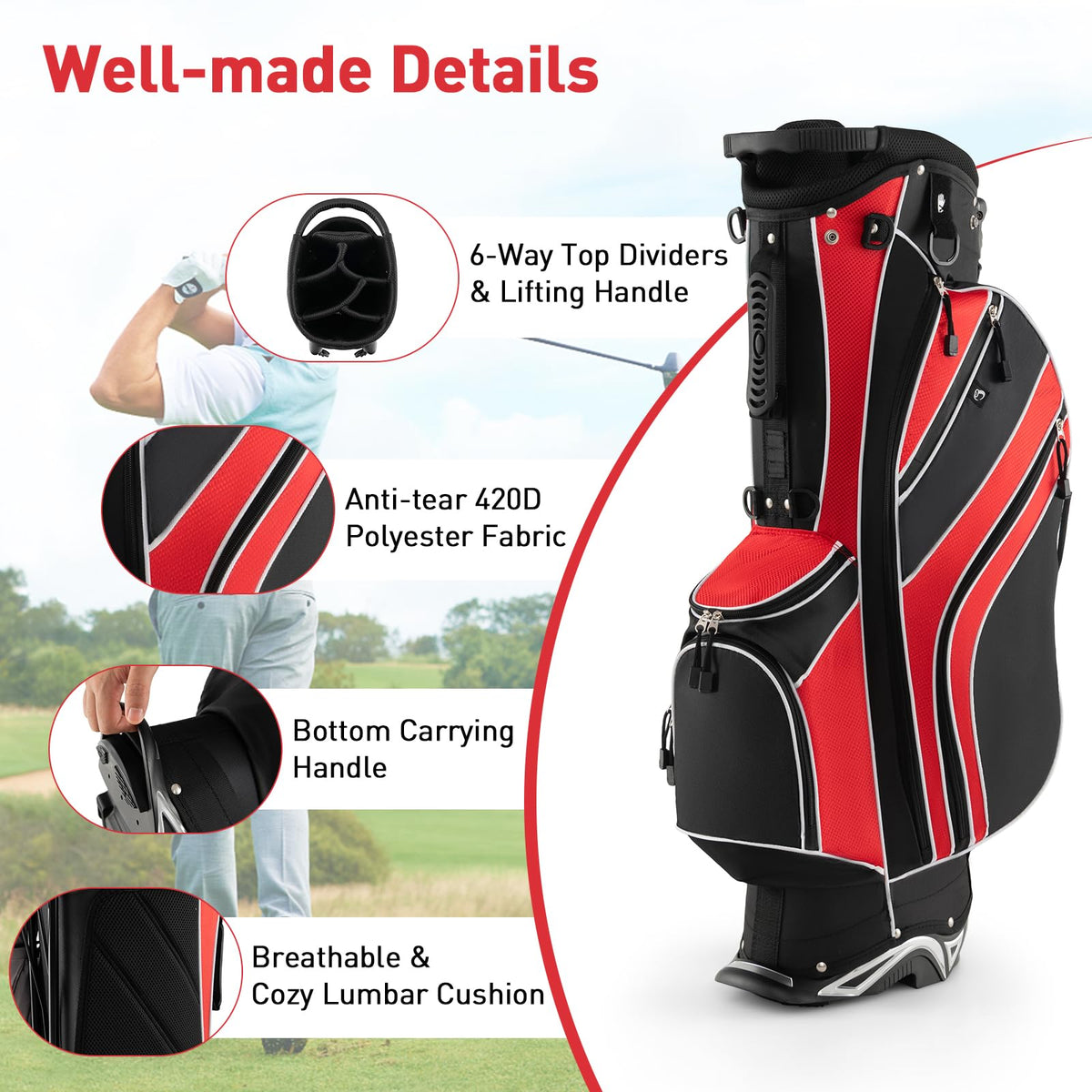 SPORFIT bag features lift assist handles for easier loading from cart or car.