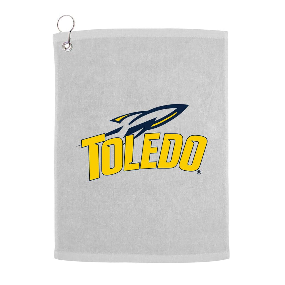 Sport Your Gear Toledo Rockets towel logo closeup, keeps clubs dry and logo sharp.