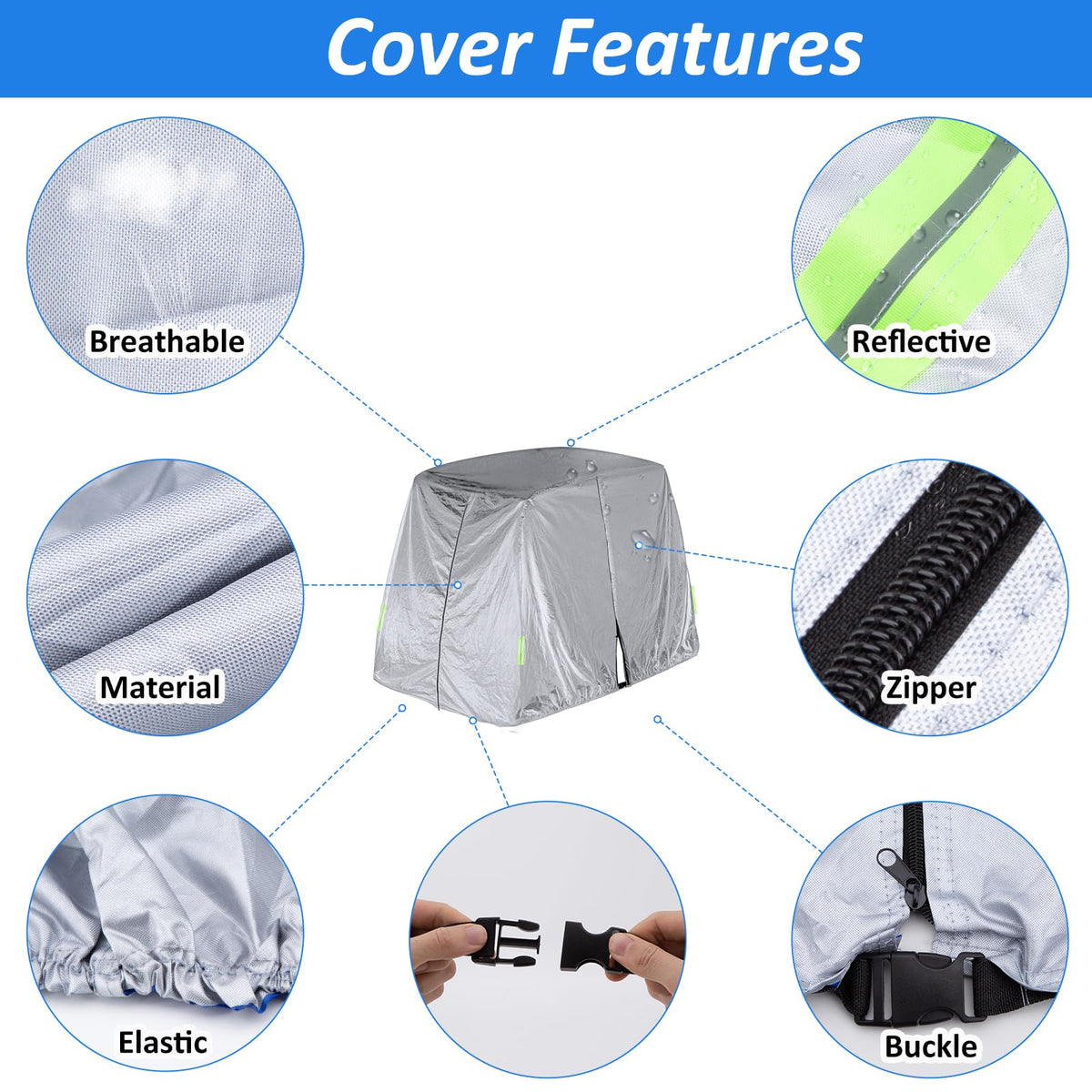 SPORTYOUTH 2-passenger golf cart cover side view shows universal fit