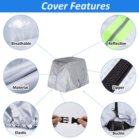 SPORTYOUTH 2-passenger golf cart cover side view shows universal fit