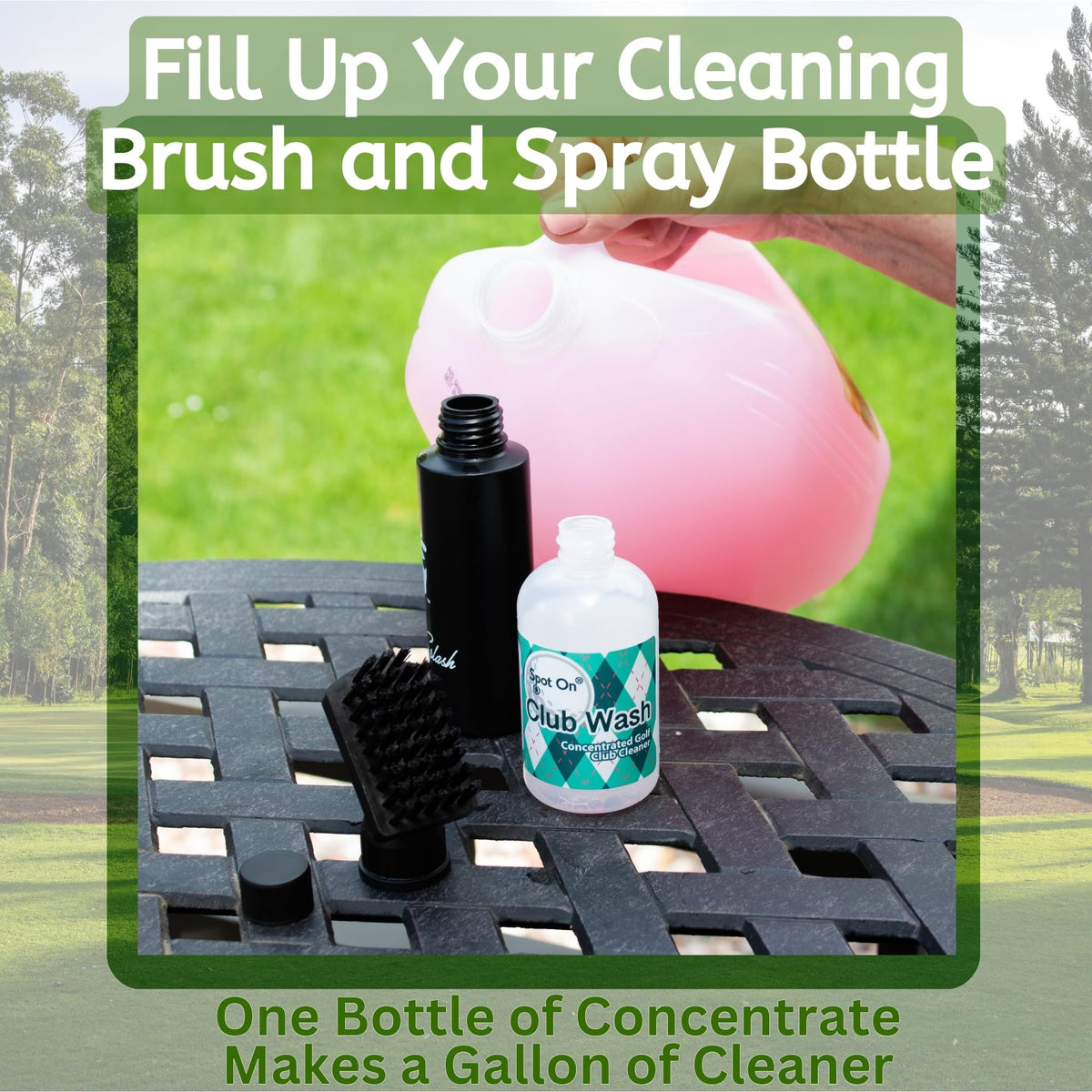 Spot On concentrated golf cleaner blends into a gallon for versatile use.