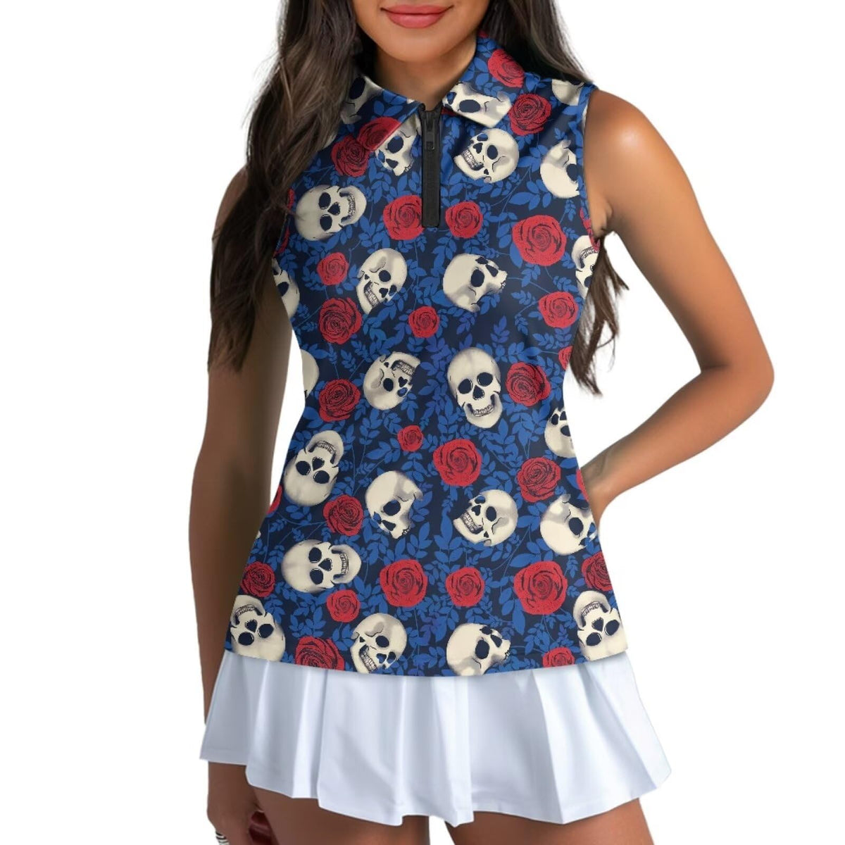 Spowatriy Skull Rose women's golf shirt front view showing relaxed fit and versatility