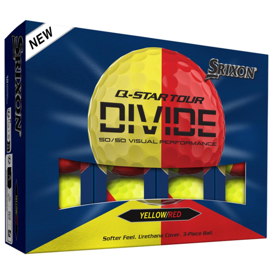 Srixon Q-Star Tour 6 Divide yellow-red ball, front view highlighting colorway and visibility.