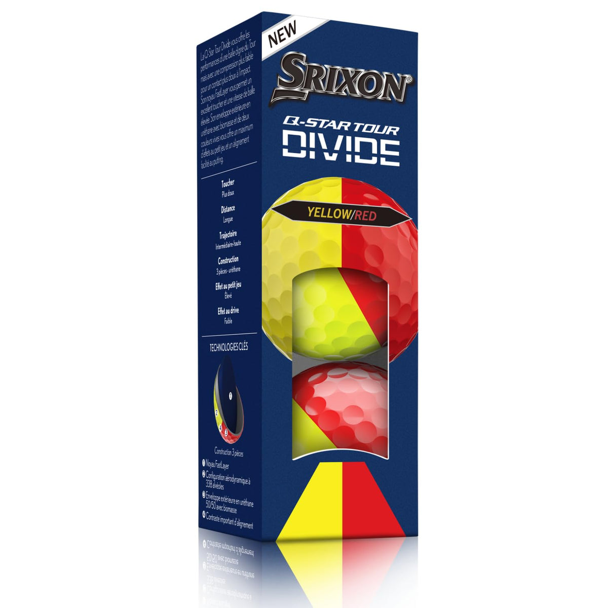 Srixon Q-Star Tour 6 Divide yellow-red ball, side view showing 50/50 design.