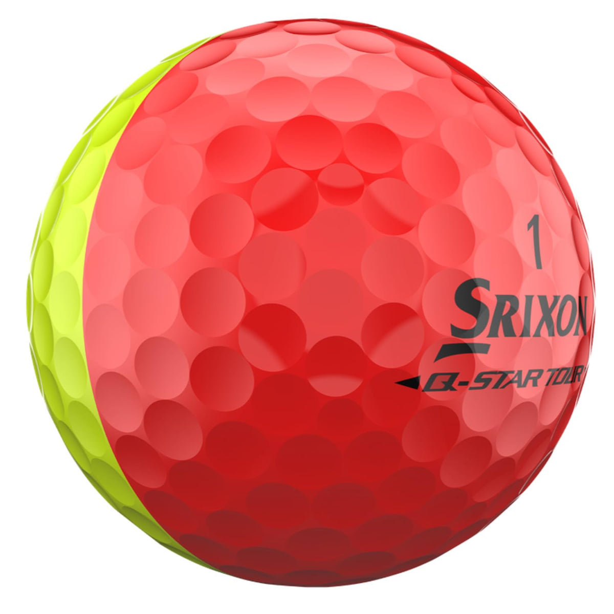 Srixon Q-Star Tour 6 Divide yellow-red ball, FastLayer core under bright lighting.