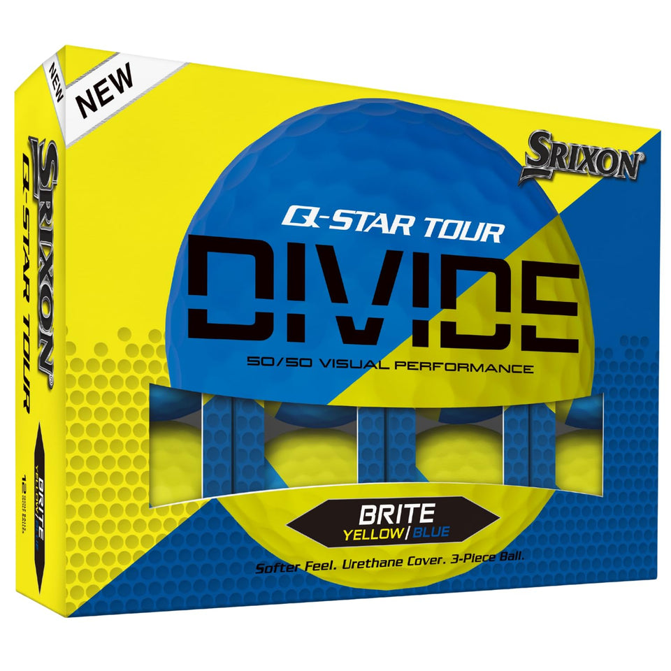 Srixon Q-STAR Tour Divide blue/yellow ball shows strobe wedge spin for tracking.