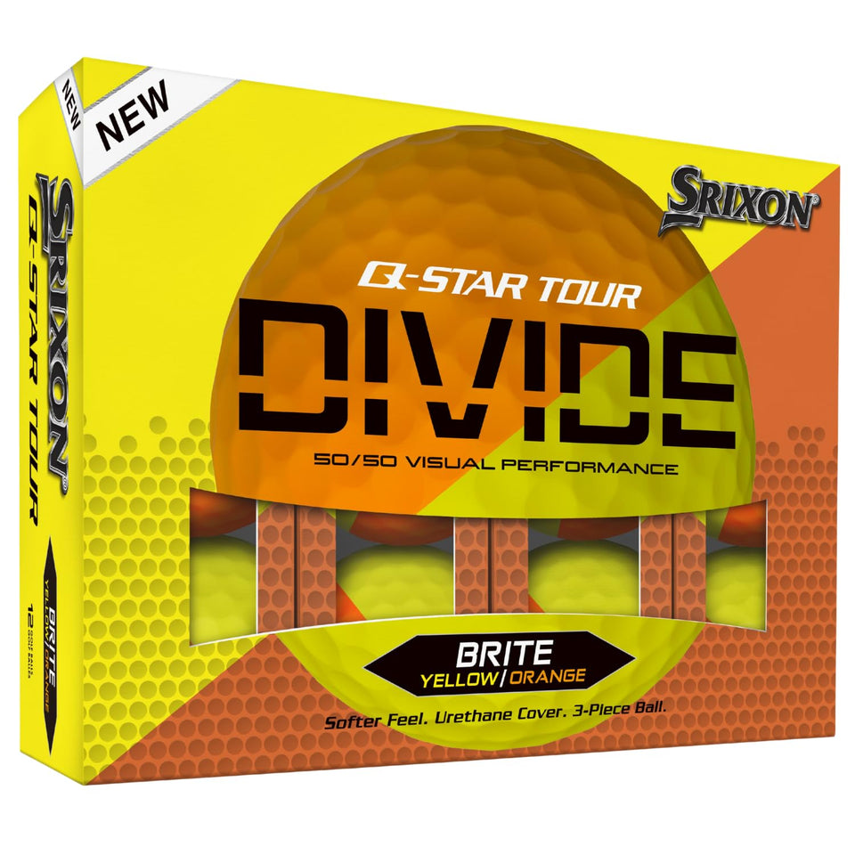 Srixon Q-Star Tour Divide orange/yellow pack shot emphasizing visibility