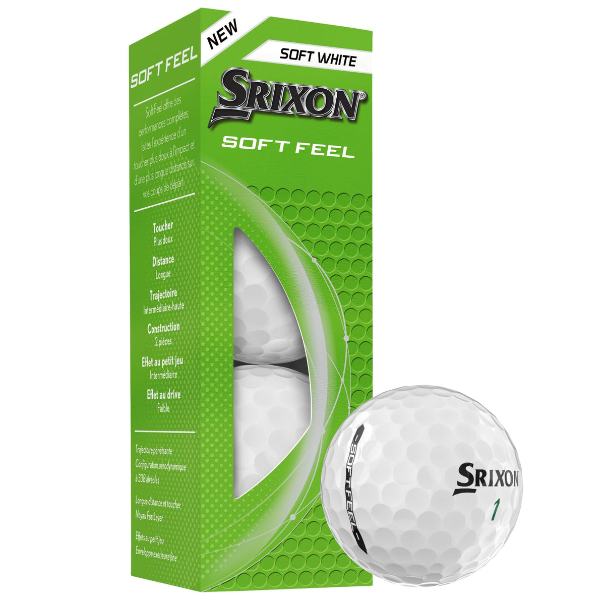 Srixon Soft Feel 14 338-dimple pattern close-up for reduced drag and lift.