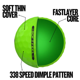 Srixon Soft Feel Brite Green ball with 338 speed dimples reducing drag
