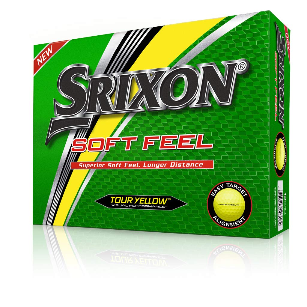 Srixon Soft Feel yellow golf balls pack shot highlighting visibility and value for players.