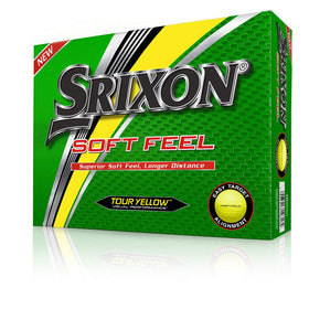 Srixon Soft Feel yellow golf balls pack shot highlighting visibility and value for players.