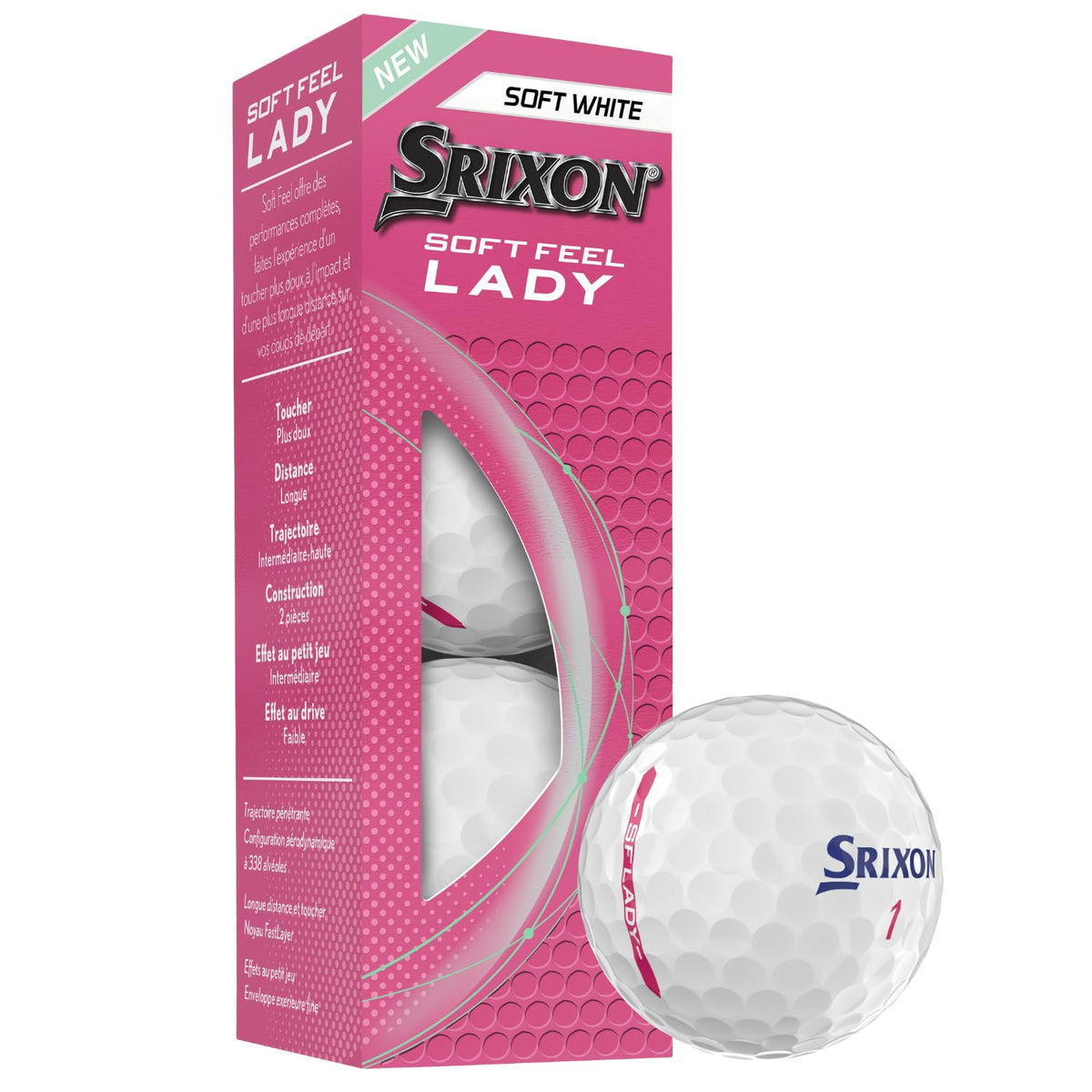 Srixon Soft Feel Lady ball with 338 dimple pattern reducing drag at launch.