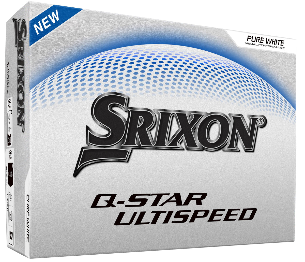 Srixon UltiSpeed golf ball front view in white highlights distance potential.