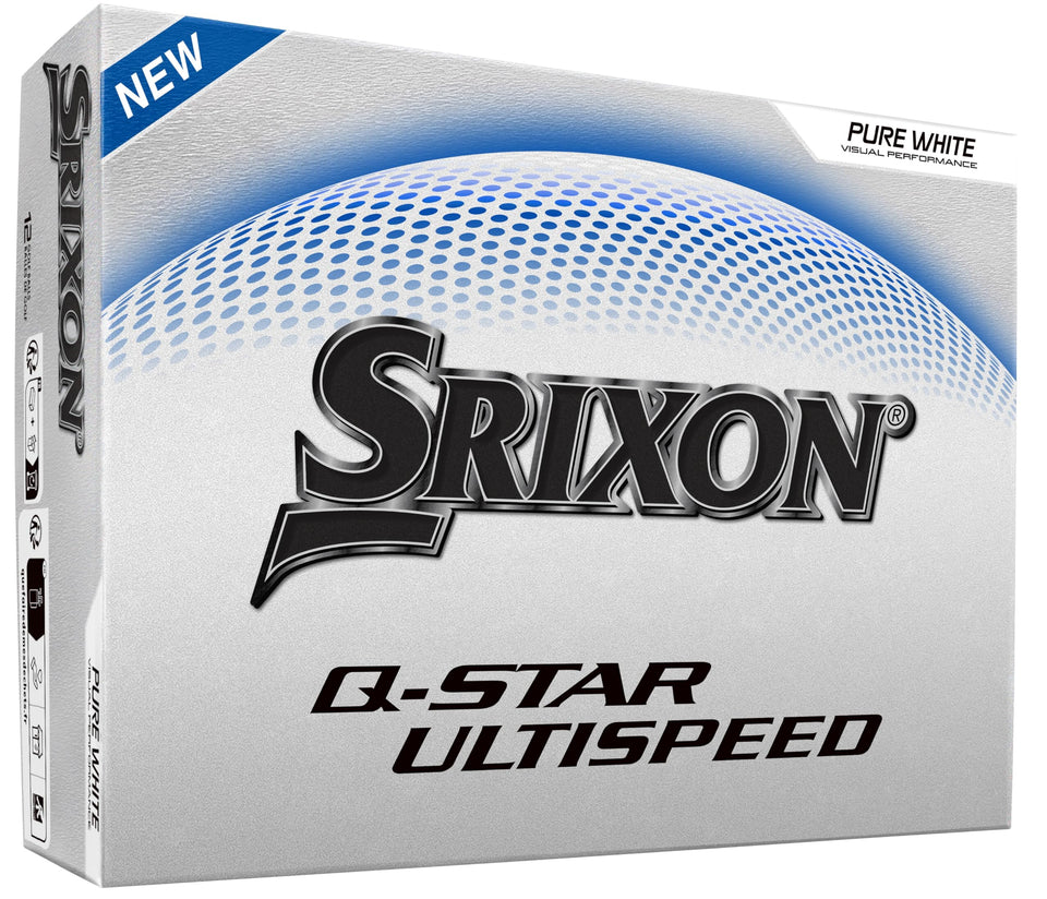 Srixon UltiSpeed golf ball front view in white highlights distance potential.