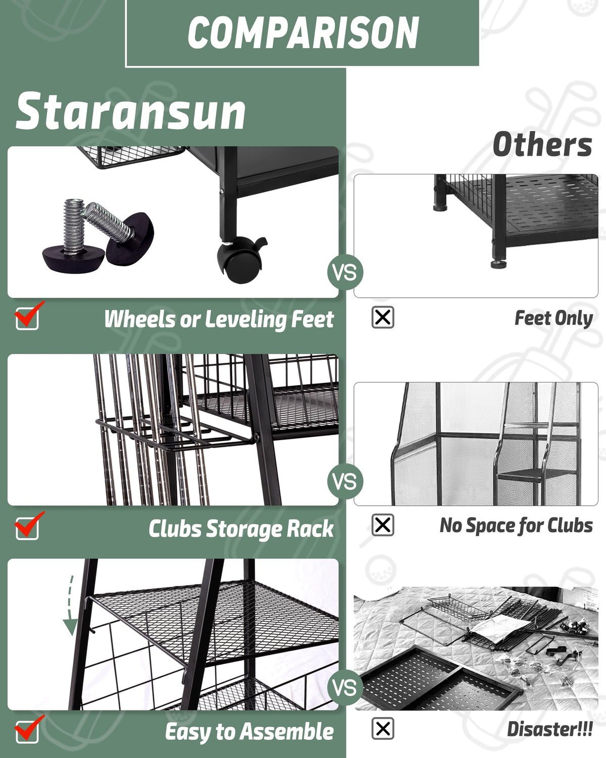 Staransun club storage and accessories neatly organized for quick access.