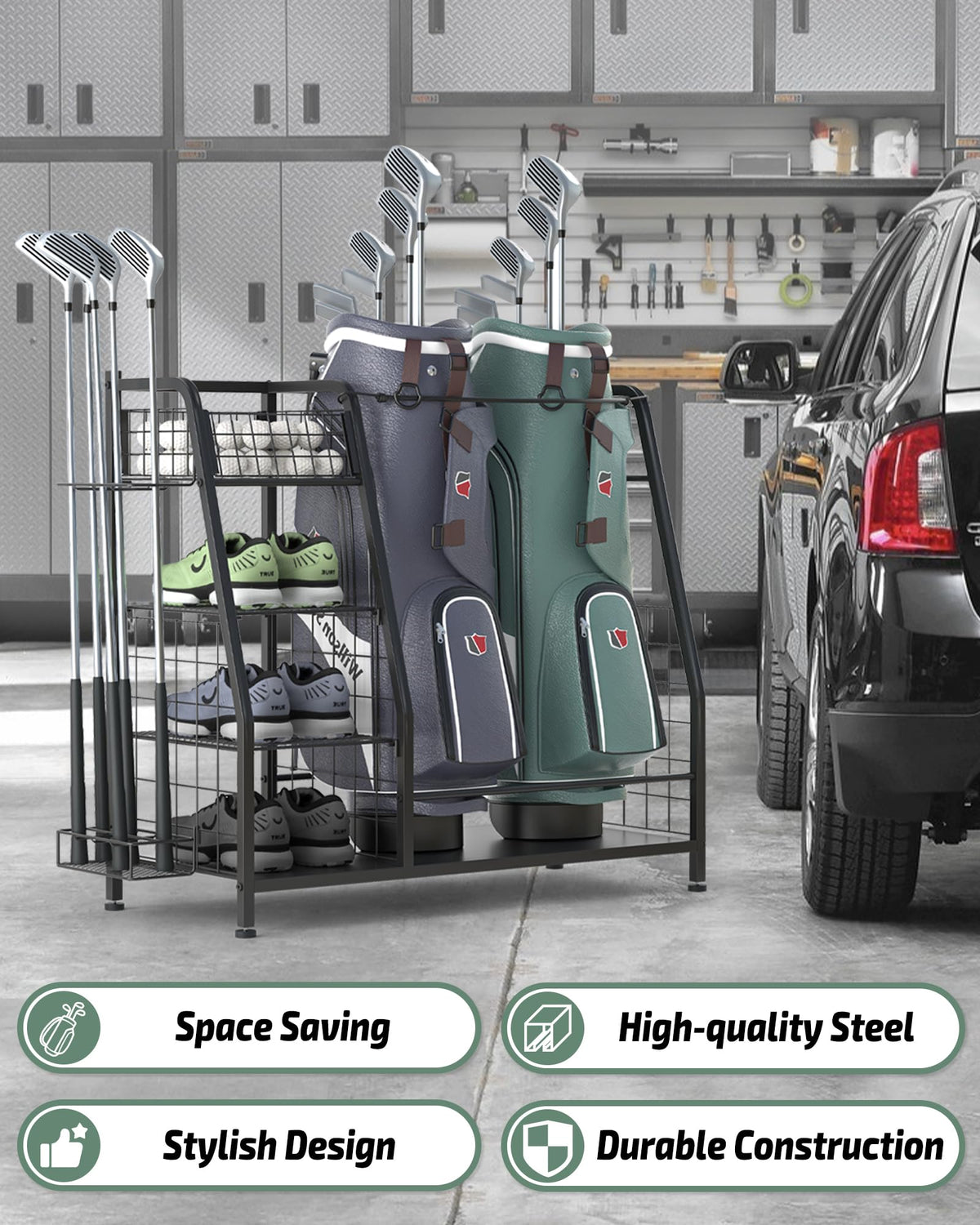 Staransun double golf bag organizer side profile emphasizing compact footprint and capacity.