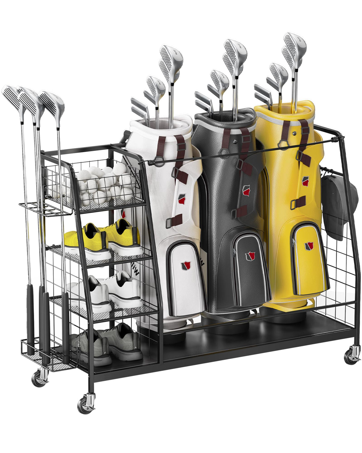 Staransun golf bag organizer stores three bags neatly in a garage.
