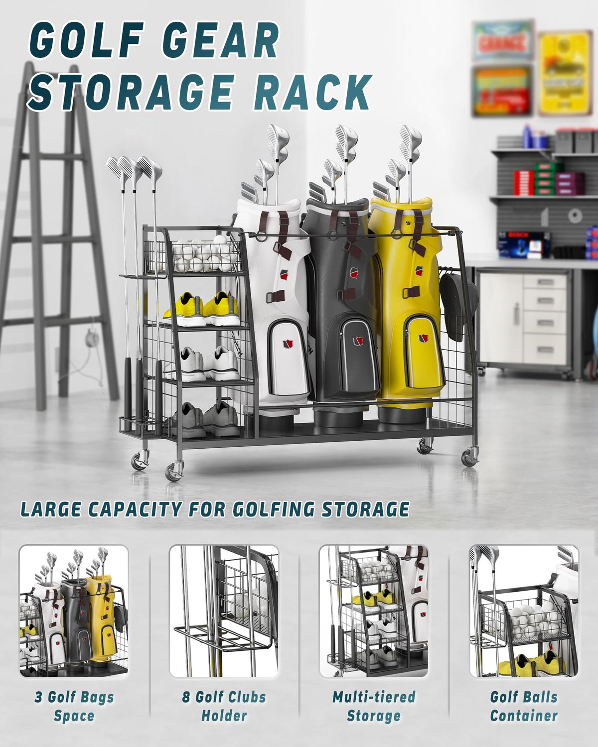 Staransun organizer shows side club holder with eight clubs within reach.