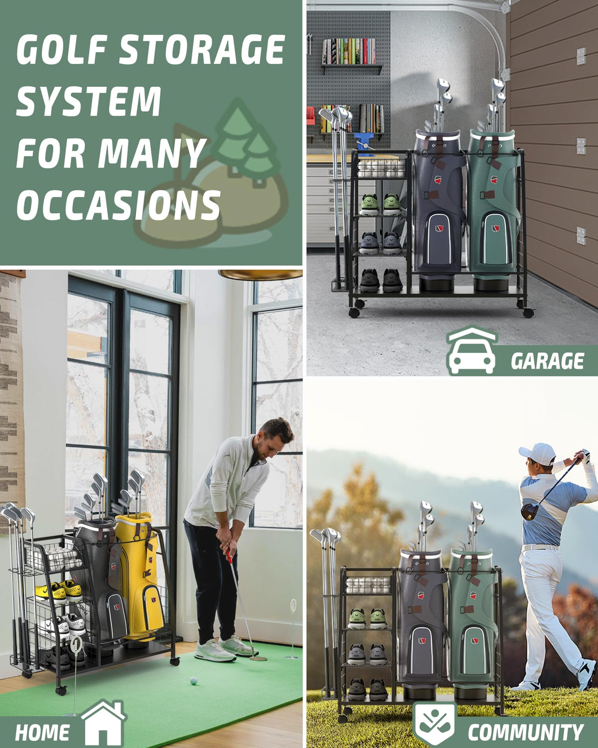 Staransun golf bag storage rack back view highlighting storage layout and accessibility.