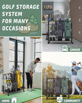 Staransun golf bag storage rack back view highlighting storage layout and accessibility.