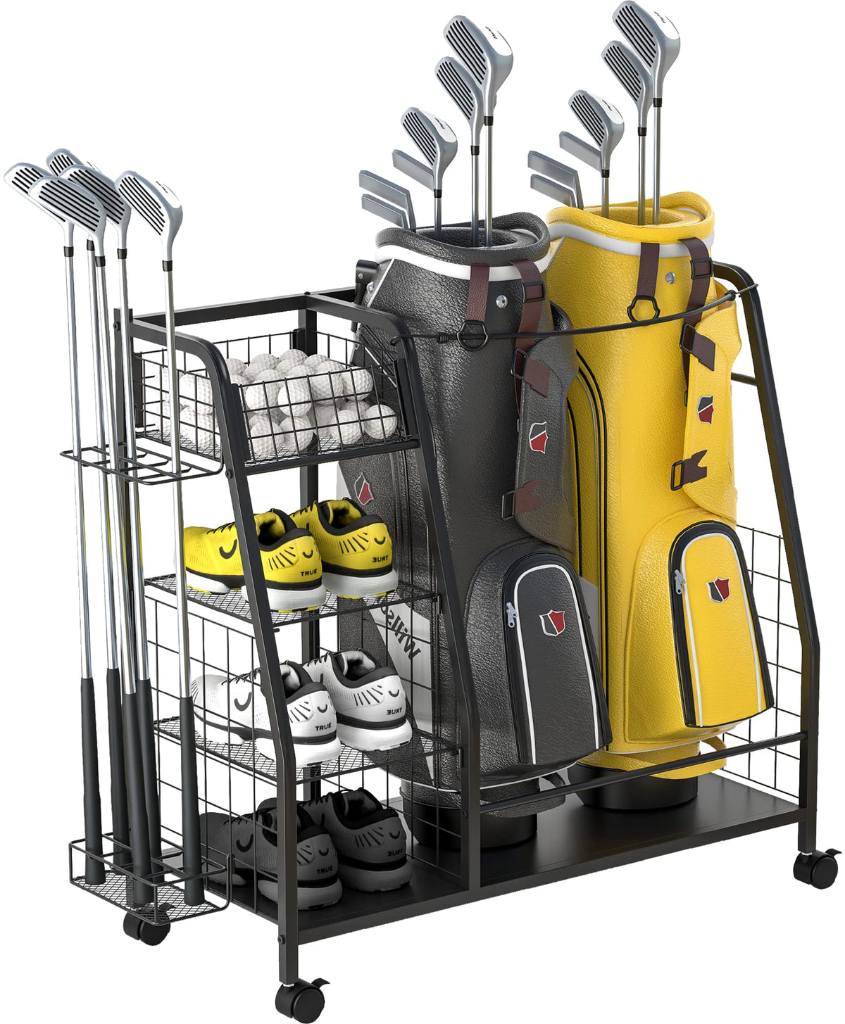 Staransun golf bag storage rack front view showing two bags and organized space for gear.
