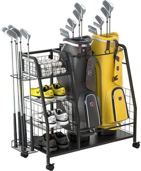 Staransun golf bag storage rack front view showing two bags and organized space for gear.