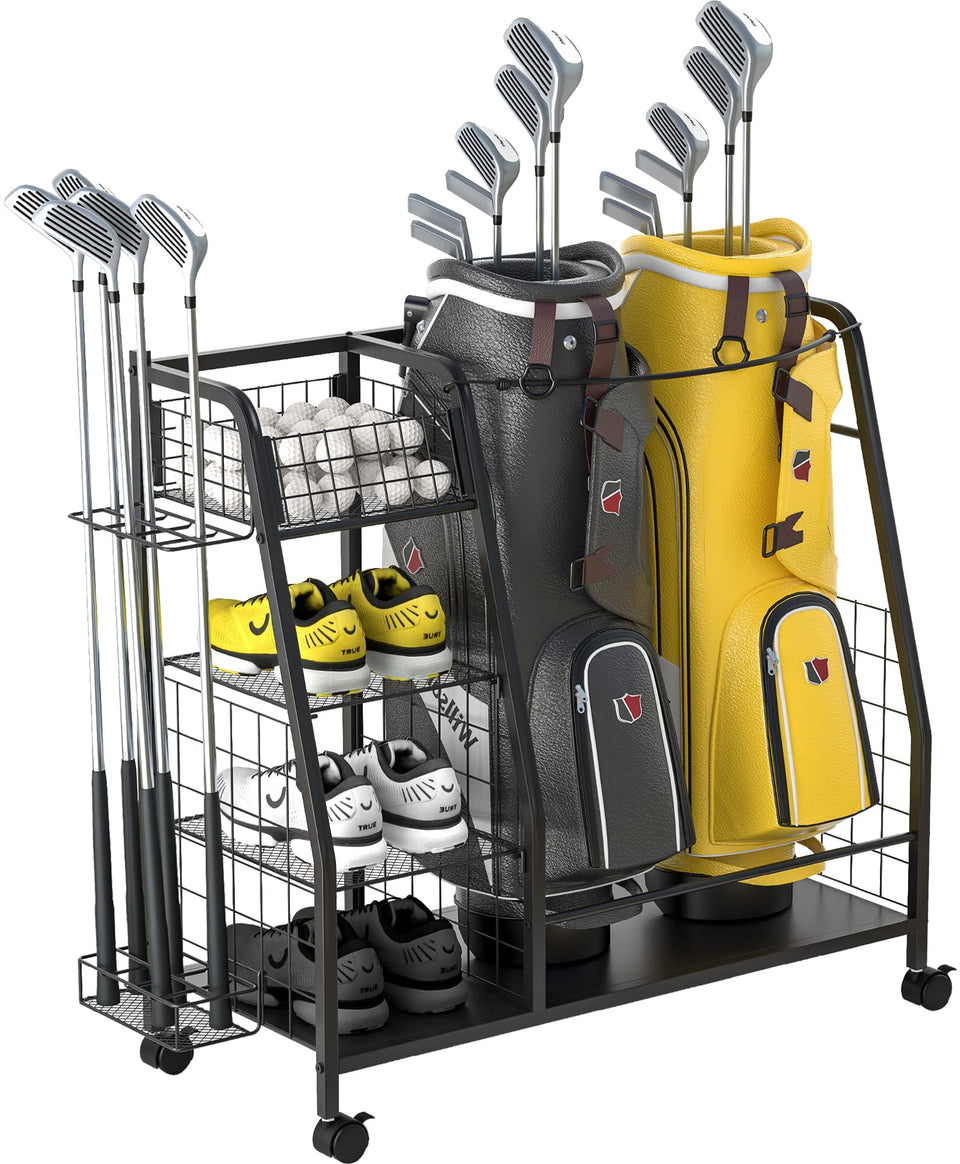 Staransun golf bag storage rack front view showing two bags and organized space for gear.