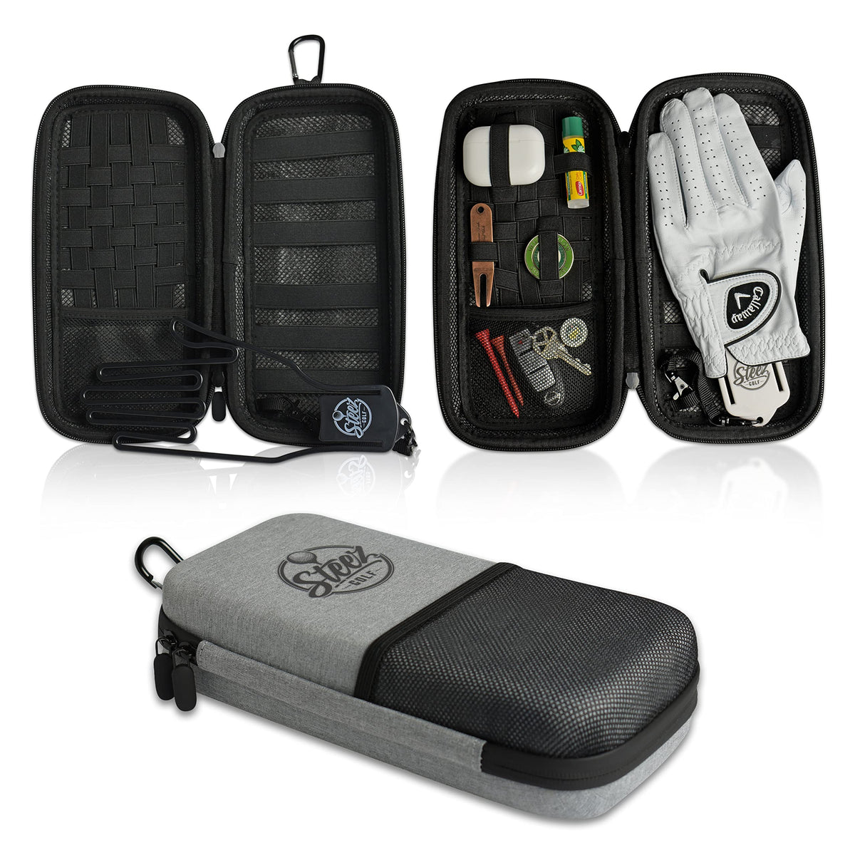 Steez Golf Accessory Case opened to show foam organization for quick on-course access