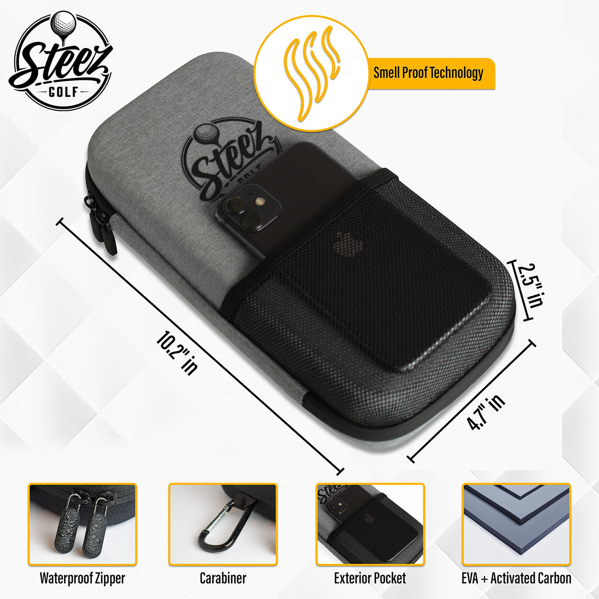 Steez Golf Accessory Case with waterproof zippers protects gear in any weather.