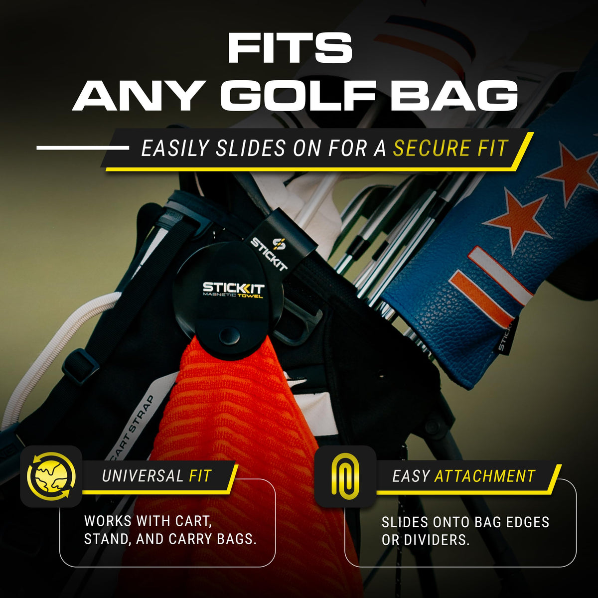 STICKIT fits all golf bag types on carts, stands, and carry bags
