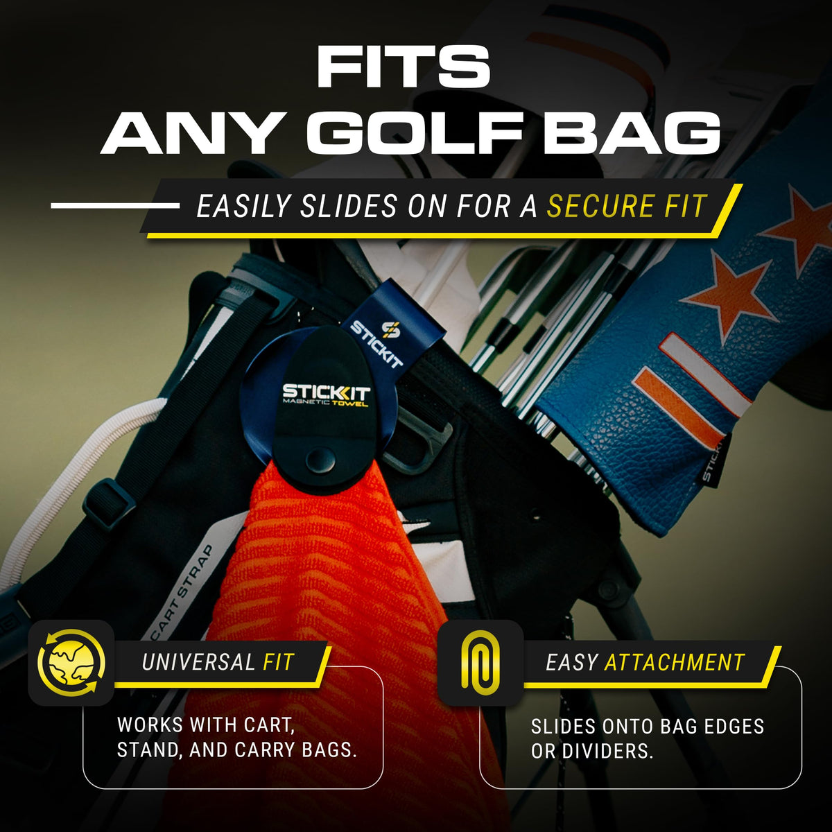 STICKIT compatible with all golf bag types for consistent setup across bags.