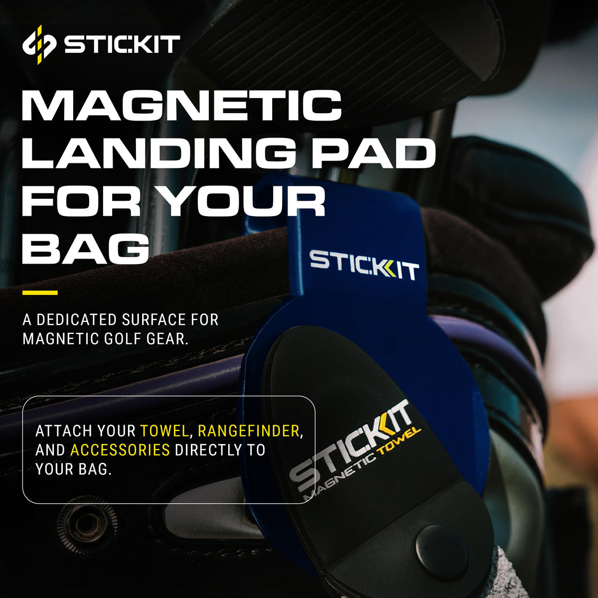 STICKIT golf bag magnet clip keeps towels and rangefinders within easy reach.