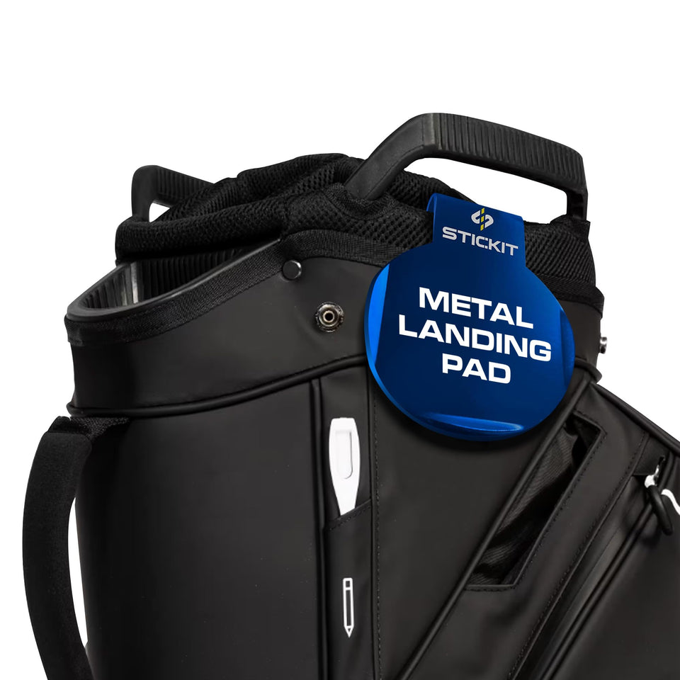 STICKIT magnetic landing pad on golf bag surface for quick gear access between shots.