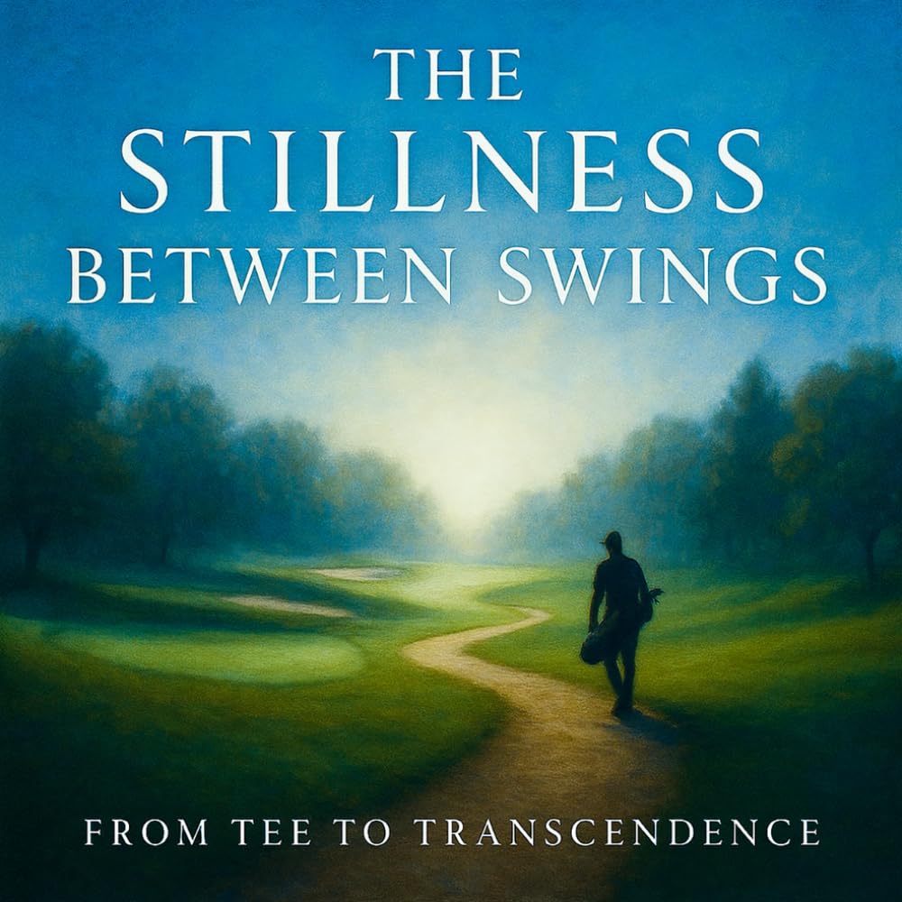 Stillness Between Swings book cover shows tranquil golf imagery and reflective insights.