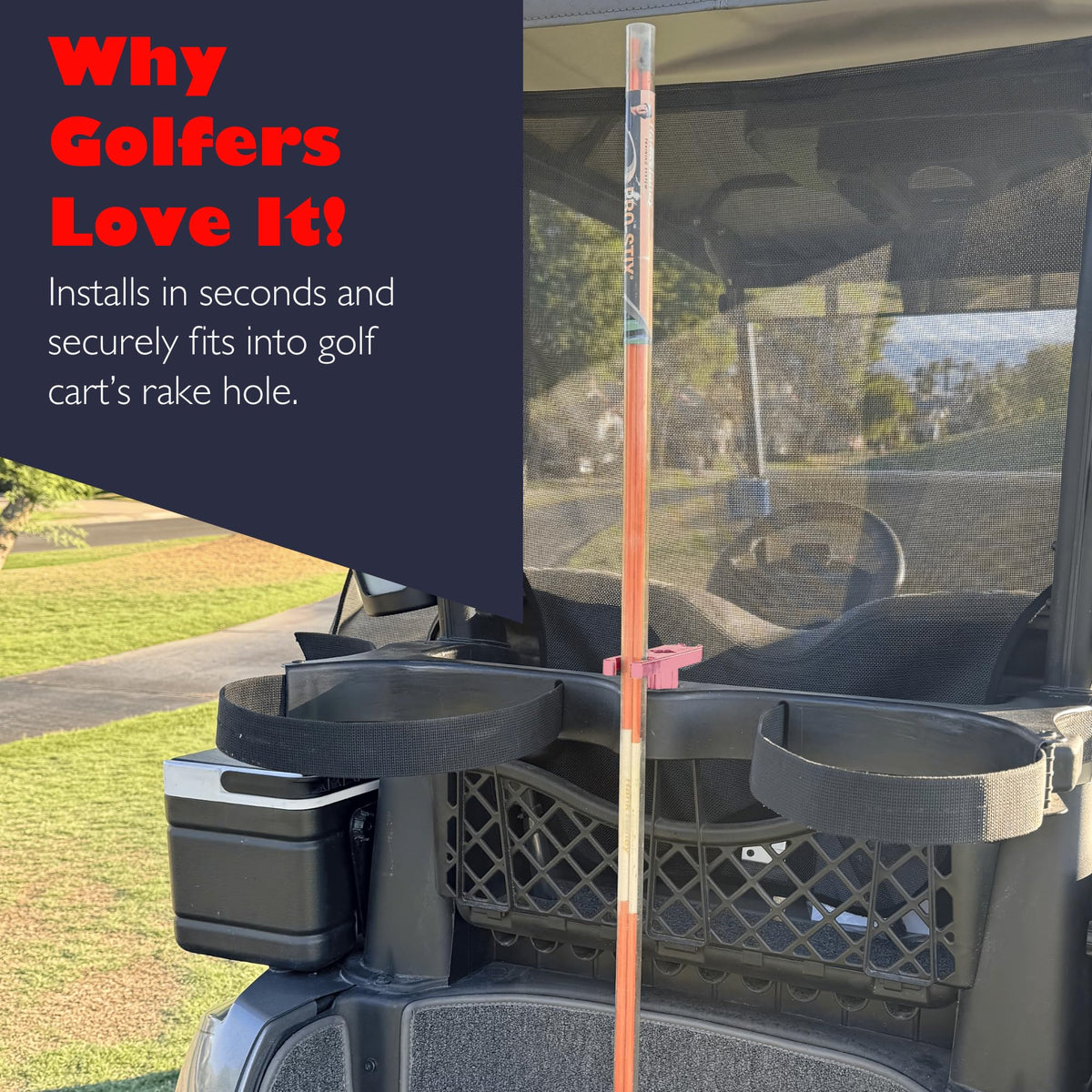 StixClip equipment mount installs easily for universal cart compatibility.