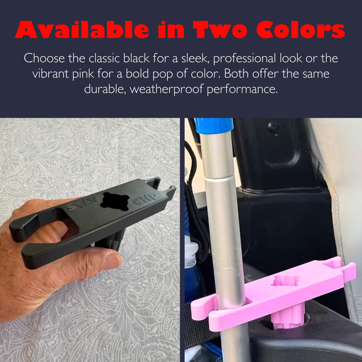 StixClip golf cart clip in use showing universal rake hole fit