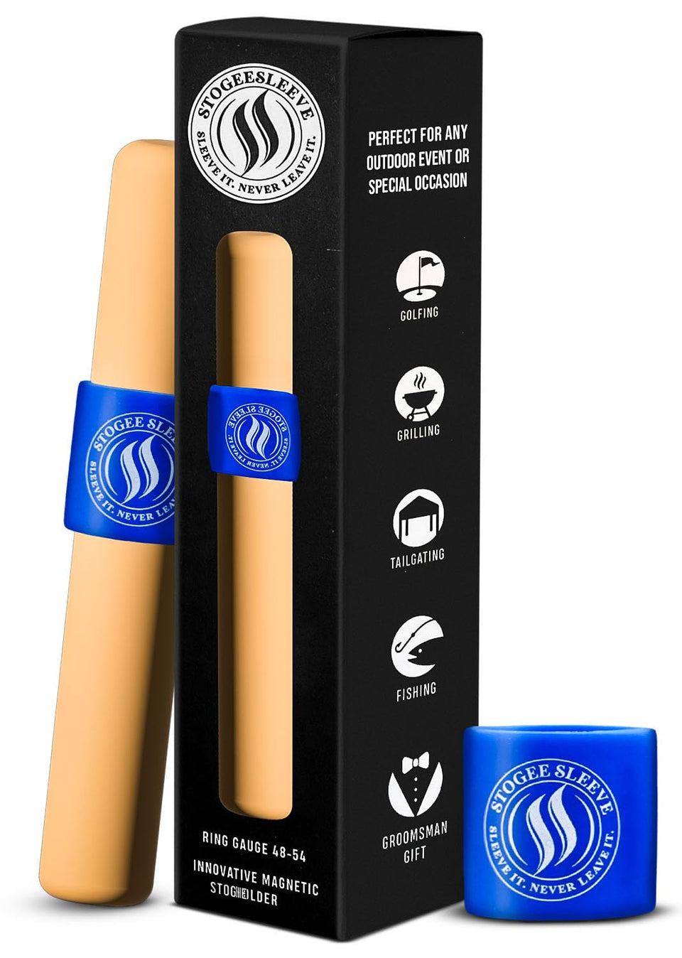 StogeeSleeve blue magnetic sleeve securely grips golf cart gear for hands-free play